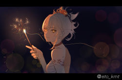 Rule 34 | 1girl, absurdres, bandages, bare shoulders, belt collar, blonde hair, breasts, collar, etodayo, eyebrows hidden by hair, fireworks, from side, genshin impact, hair between eyes, hair ornament, hairband, highres, looking at viewer, night, ponytail, sideboob, smile, solo, tattoo, upper body, yellow eyes, yoimiya (genshin impact)