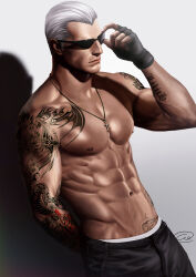 Rule 34 | 1boy, abs, absurdres, adjusting eyewear, aenaluck, arm tattoo, bara, black gloves, black pants, closed mouth, cross, cross necklace, fingerless gloves, gloves, grey hair, highres, jewelry, large pectorals, male focus, male underwear, male underwear peek, muscular, muscular male, navel, necklace, nipples, original, pants, pectorals, shadow, short hair, signature, simple background, solo, stomach tattoo, sunglasses, tattoo, topless male, underwear, white background