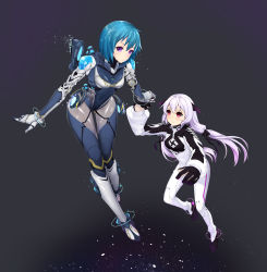 Rule 34 | 2girls, alpha (acerailgun), android, bad deviantart id, bad id, blue hair, borrowed character, breasts, cecilia (acerailgun), holding hands, highres, horns, hoshi usagi, light purple hair, long hair, multiple girls, original, purple eyes, red eyes, small breasts, space, spacesuit, twintails, zero gravity