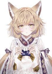 Rule 34 | 1girl, animal ear fluff, animal ears, blonde hair, blush, closed mouth, dress, fox ears, fox tail, frilled sleeves, frills, highres, long sleeves, looking at viewer, multiple tails, sarasadou dan, short hair, simple background, solo, tail, touhou, upper body, white background, white dress, wide sleeves, yakumo ran, yellow eyes
