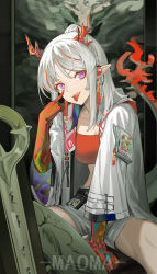 Rule 34 | 1girl, 9 vcat, :p, akanbe, arknights, artist name, bead bracelet, beads, bracelet, braid, breasts, cleavage, colored skin, crop top, dragon girl, dragon horns, dragon tail, eyelid pull, grey hair, highres, horns, jacket, jewelry, long hair, long sleeves, looking at viewer, multicolored hair, nian (arknights), open clothes, open jacket, photoshop (medium), pointy ears, purple eyes, red hair, red skin, shorts, side braid, sitting, smile, solo, streaked hair, tail, tongue, tongue out, two-tone hair, white jacket, white shorts