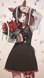 Rule 34 | 1girl, ^ ^, animal ears, arm up, black dress, blurry, blurry background, bouquet, bow, bowtie, brown hair, closed eyes, confetti, cowboy shot, dress, ear covers, flower, highres, holding, holding bouquet, horse ears, horse girl, horse tail, long sleeves, looking at viewer, multicolored hair, nice nature (umamusume), nsb36046 (na), open mouth, shading eyes, smile, solo, streaked hair, streamers, striped bow, striped bowtie, striped clothes, tail, twintails, umamusume