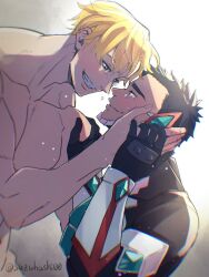 Rule 34 | 2boys, ao isami, black hair, blonde hair, blush, clothed male nude male, couple, dutch angle, face-to-face, facial hair, from side, grin, hand on another&#039;s cheek, hand on another&#039;s face, hand on another&#039;s hand, happy tears, highres, lewis smith, male focus, multiple boys, nude, out-of-frame censoring, pectorals, sideburns stubble, smile, stubble, sunlight, suzuhashi00, tears, thick eyebrows, upper body, yaoi, yuuki bakuhatsu bang bravern