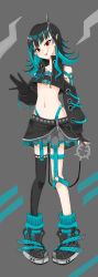 Rule 34 | 1girl, nanashi inc., absurdres, asymmetrical gloves, belt, belt bra, black footwear, black gloves, black hair, black jacket, black skirt, black thighhighs, blue belt, blue hair, blue panties, blue socks, blush, chest belt, closed mouth, clothing cutout, commentary request, cropped jacket, cross-laced clothes, cross-laced sleeves, demon girl, demon horns, demon tail, fang, flat chest, full body, garter straps, gloves, grey background, grey skirt, highleg, highleg panties, highres, horns, jacket, layered skirt, long hair, long sleeves, looking at viewer, midriff, multicolored hair, navel, open clothes, open jacket, panties, partially fingerless gloves, pointy ears, red eyes, shishio chris, shoes, shoulder cutout, single thighhigh, skirt, smile, sneakers, socks, solo, standing, sugar lyric, tail, thighhighs, two-tone hair, underwear, virtual youtuber, yuki-ichigo, zipper, zipper skirt, ||/