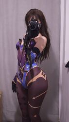 Rule 34 | 1girl, black hair, camera, clothes, cosplay, elbow gloves, epicinternetgf, female focus, genshin impact, gloves, highres, long hair, looking at viewer, mona (genshin impact), mona (genshin impact) (cosplay), photo (medium), real life, selfie, solo