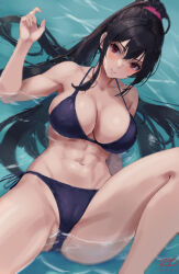 Rule 34 | 1girl, abs, bikini, black bikini, breasts, cleavage, closed mouth, collarbone, hair between eyes, haruto (harut n), kantai collection, large breasts, long hair, looking at viewer, navel, partially submerged, ponytail, red eyes, signature, smile, solo, spread legs, swimsuit, toned, yahagi (kancolle)