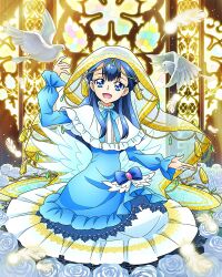 Rule 34 | bird, blue dress, blue eyes, blue hair, blue ribbon, capelet, dove, dress, feathers, flower, highres, hugtto! precure, long hair, long sleeves, official art, open mouth, precure, precure connection puzzlun, ribbon, rose, smile, third-party source, veil, white flower, white rose, yakushiji saaya