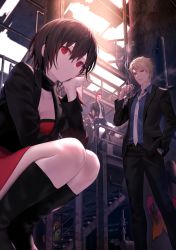 Rule 34 | 1girl, 2boys, black choker, black footwear, black hair, black jacket, black pants, blazer, blue eyes, blue shirt, boots, brown hair, cheek rest, choker, cigarette, closed mouth, collared shirt, commentary request, day, dengeki bunko, dress, expressionless, graffiti, hair between eyes, hand in pocket, hand up, highres, holding, indoors, jacket, knee boots, long sleeves, looking at viewer, mad bullet underground, mashima saki (mashimasa), multicolored hair, multiple boys, necktie, official art, pants, parted lips, red dress, red eyes, red hair, shirt, short hair, sidelocks, squatting, stairs, standing, striped clothes, striped shirt, sunlight, two-tone hair, warehouse, white neckwear, wing collar