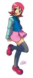 Rule 34 | 1girl, arms behind back, blush, breasts, brown eyes, dated, full body, happy, head tilt, highres, leg up, long sleeves, looking at viewer, mayl sakurai (mega man), mega man (series), mega man battle network, mega man battle network (series), miniskirt, official style, open mouth, pink skirt, purple hair, shoes, short hair, shoutaro saito, sidelocks, signature, simple background, skirt, small breasts, smile, solo, standing, thighhighs, thighs, white background, zettai ryouiki