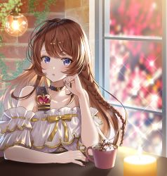 Rule 34 | 1girl, blue eyes, blush, braid, breasts, brown hair, choker, cup, detached sleeves, elbow rest, frills, glint, granblue fantasy, indoors, large breasts, lecia (granblue fantasy), long hair, looking at viewer, myusha, nail polish, open mouth, red nails, sidelocks, sitting, solo, window