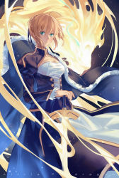 Rule 34 | 1girl, aqua eyes, artoria pendragon (fate), black dress, blonde hair, braid, breasts, cape, dress, fate/stay night, fate (series), female focus, highres, juliet sleeves, long sleeves, looking at viewer, norizc, puffy sleeves, revision, saber (fate), shirt, solo, sword, weapon