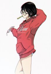 Rule 34 | 1girl, arm behind head, bare legs, black-framed eyewear, black hair, closed mouth, clothes writing, commentary, feet out of frame, glasses, highres, holding, hood, hood down, hoodie, long sleeves, mouth hold, original, panties, pocket, red hoodie, short hair, simple background, squeezing, symbol-only commentary, tachenie, toothbrush in mouth, toothpaste, underwear, white background, white panties