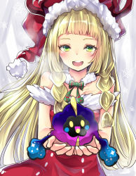 Rule 34 | 1girl, :d, bare arms, bare shoulders, blonde hair, blunt bangs, blush, bow, bowtie, braid, breath, christmas, cosmog, cowboy shot, creatures (company), detached collar, dress, fur trim, game freak, gen 7 pokemon, giving, green bow, green bowtie, green eyes, hat, holding, legendary pokemon, lillie (pokemon), long hair, looking at viewer, nintendo, open mouth, pokemon, pokemon (creature), pokemon sm, red dress, red hat, santa costume, santa hat, smile, snow, snowflakes, snowing, strapless, strapless dress, teeth, tongue, twin braids, upper body, very long hair, xe-cox