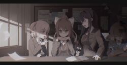 Rule 34 | 4girls, absurdres, angry, annoyed, arguing, black hair, book, bow, brown hair, classroom, closed eyes, closed mouth, commentary request, crossed arms, doki doki literature club, glitch, green eyes, grey jacket, hair bow, hair intakes, hair ornament, hairclip, highres, indoors, interlocked fingers, jacket, letterboxed, long hair, long sleeves, looking at another, looking at viewer, medium hair, monika (doki doki literature club), multiple girls, muted color, natsuki (doki doki literature club), neck ribbon, one side up, open book, open mouth, own hands together, pink hair, ponytail, poster (object), rcs 4, ribbon, sayori (doki doki literature club), school uniform, smile, white bow, yuri (doki doki literature club)