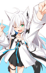 Rule 34 | 1girl, animal ears, arm up, black bra, blue background, bra, braid, collarbone, commentary, dog tags, english commentary, fang, felutiahime, fox ears, fox girl, fox shadow puppet, fox tail, fur-trimmed jacket, fur trim, green eyes, hair between eyes, highres, hololive, jacket, leg up, long hair, looking at viewer, one eye closed, open clothes, open jacket, open mouth, shirakami fubuki, shirakami fubuki (fubukitek), shirt, sidelocks, simple background, single braid, solo, tail, thigh strap, underwear, virtual youtuber, white background, white jacket, white shirt