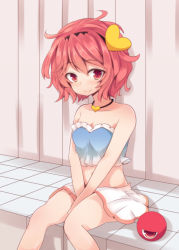 Rule 34 | 1girl, alternate costume, arms between legs, bad id, bad pixiv id, bare arms, bare shoulders, beni shake, blush, breasts, cleavage, crop top, hairband, heart, jewelry, komeiji satori, looking at viewer, midriff, navel, necklace, red eyes, red hair, sitting, skirt, small breasts, smile, solo, third eye, touhou, v arms