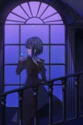 Rule 34 | 1girl, absurdres, animal, back, bird, bird on hand, black dress, black eyes, black hair, blue bird, closed mouth, commentary request, dress, expressionless, highres, indoors, juliet sleeves, kuonji alice, long sleeves, looking at viewer, looking back, mahou tsukai no yoru, night, night sky, profile, puffy sleeves, reflection, short hair, sky, teizen (niwamaee), window
