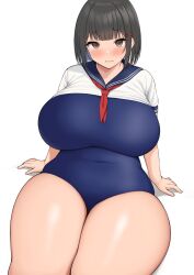 Rule 34 | 1girl, absurdres, black hair, blue one-piece swimsuit, blunt bangs, blush, breasts, brown eyes, hair ornament, highres, huge breasts, neneneji, one-piece swimsuit, original, plump, sailor collar, short hair, sitting, solo, swimsuit, swimsuit under clothes, thick thighs, thighs, wide hips
