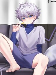 Rule 34 | 1boy, barefoot, blue eyes, blush, closed mouth, commentary request, couch, cushion, g1 (jjw00123), grey hair, hair between eyes, hand up, highres, holding, hunter x hunter, indoors, killua zoldyck, knees, looking at viewer, male focus, purple shorts, shirt, short hair, shorts, sitting, smile, solo, spread legs, toes, undershirt
