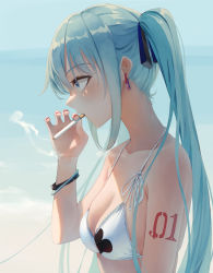 Rule 34 | 1girl, 200f (nifu), absurdres, aqua eyes, aqua hair, arm tattoo, bad id, bad pixiv id, bikini, black ribbon, blue background, bracelet, breasts, cigarette, cleavage, commentary, earrings, english commentary, from side, hair over shoulder, halterneck, hatsune miku, highres, holding, holding cigarette, jewelry, long hair, mouth hold, nail polish, number tattoo, print bikini, profile, red nails, ribbon, sidelocks, skindentation, smoke, smoking, solo, string bikini, swimsuit, tattoo, twintails, upper body, vocaloid
