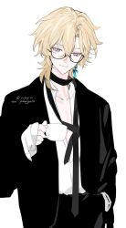 Rule 34 | 1boy, alternate costume, aventurine (honkai: star rail), black jacket, black necktie, blonde hair, closed mouth, cowboy shot, cup, earrings, glasses, hand in pocket, highres, holding, holding cup, honkai: star rail, honkai (series), jacket, jewelry, kayu (yukagoin), looking at viewer, male focus, necktie, shirt, short hair, simple background, solo, white background, white shirt