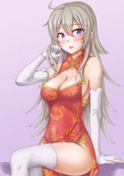Rule 34 | 1girl, alternate costume, anti (untea9), blush, breasts, china dress, chinese clothes, cleavage, dress, gloves, grey eyes, grey hair, highres, kantai collection, long hair, looking at viewer, open mouth, pelvic curtain, purple background, red dress, sitting, sleeveless, smile, solo, thighhighs, washington (kancolle), white gloves, white thighhighs