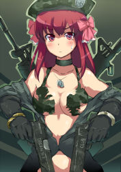 Rule 34 | 1girl, alex mason, amane (dream c club), assault rifle, beret, blush, bow, breasts, call of duty, call of duty: black ops, cleavage, crossover, dog tags, dream c club, dream c club (series), dual wielding, female focus, gloves, gradient background, gun, hair bow, handgun, hat, holding, long hair, m1911, m4 carbine, medium breasts, minato satoi, open clothes, parody, pistol, red eyes, red hair, rifle, solo, sweat, weapon