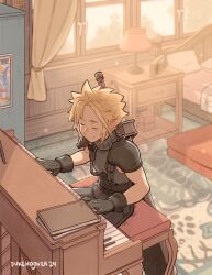 Rule 34 | 1boy, absurdres, armor, artist name, bed, black gloves, blonde hair, blurry, blurry background, book, buster sword, closed eyes, closed mouth, cloud strife, commentary, desk, desk lamp, dukehooverart, final fantasy, final fantasy vii, final fantasy vii rebirth, final fantasy vii remake, gloves, highres, indoors, instrument, lamp, male focus, music, piano, piano bench, playing instrument, playing piano, shoulder armor, sitting, sleeveless, sleeveless turtleneck, smile, solo, spiked hair, suspenders, sweater, sword, turtleneck, turtleneck sweater, upright piano, weapon, weapon on back, window