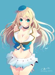 Rule 34 | 10s, 1girl, alternate costume, atago (kancolle), blonde hair, blue background, blue eyes, breasts, choker, cleavage, cowboy shot, dated, groin, hat, kantai collection, long hair, looking at viewer, miniskirt, navel, pleated skirt, simple background, skirt, solo, tebi (tbd11)