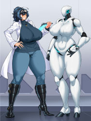 Rule 34 | 2girls, ahoge, android, black hair, blue hair, boots, breasts, covered navel, faceless, glowing, goggles, goggles on head, high heels, holding, huge breasts, indoors, jewelry, joints, knee boots, lab coat, multicolored hair, multiple girls, navel, necklace, original, pants, ponytail, red eyes, robot, robot joints, smile, spacezin, sweater, thick thighs, thighs, two-tone hair