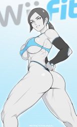 Rule 34 | alternate costume, arm warmers, arms behind back, ass, breasts, cleavage, colored skin, curvy, grey eyes, highres, large breasts, lips, looking at viewer, muscular, muscular female, nintendo, nisetanaka, ponytail, revealing clothes, sideboob, skin tight, skindentation, smile, smirk, sports bra, thick thighs, thighs, thong, toned, underboob, white background, white skin, wide hips, wii fit, wii fit trainer, wii fit trainer (female)