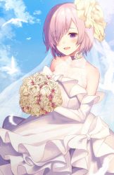 Rule 34 | alternate costume, blue sky, blush, bouquet, bridal gauntlets, bridal veil, cloud, cloudy sky, commentary request, cowboy shot, day, dress, elbow gloves, fate/grand order, fate (series), flower, gloves, hair over one eye, haru (hiyori-kohal), holding, holding bouquet, mash kyrielight, open mouth, outdoors, purple eyes, purple hair, short hair, sky, smile, solo, veil, wedding dress, white dress, white gloves