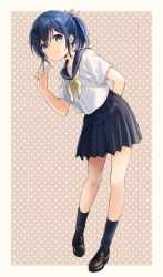 Rule 34 | 1boy, arm behind back, bad id, bad pixiv id, black skirt, black socks, blue eyes, blue hair, border, brown footwear, closed mouth, commentary request, contrapposto, full body, hair ribbon, index finger raised, kneehighs, kona (canaria), leaning to the side, loafers, looking at viewer, male focus, medium skirt, neckerchief, original, pleated skirt, polka dot, polka dot background, ponytail, ribbon, school uniform, serafuku, shoes, short hair, short sleeves, skirt, smile, socks, standing, tareme, trap, yellow border, yellow neckerchief, yellow ribbon