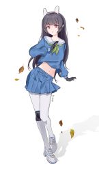 Rule 34 | 1girl, :o, absurdres, black gloves, black hair, blue archive, blue serafuku, blue shirt, blue skirt, commentary request, crop top, falling leaves, female focus, full body, gloves, green neckerchief, hatsuzuki 527, head, highres, knee pads, leaf, long hair, long sleeves, looking at viewer, midriff, miyu (blue archive), navel, neckerchief, pantyhose, parted lips, pleated skirt, red eyes, sailor collar, school uniform, serafuku, shadow, shirt, shoes, signature, simple background, single knee pad, skirt, solo, standing, very long hair, white footwear, white pantyhose, white sailor collar