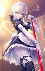 Rule 34 | 1girl, alternate costume, apron, artist name, artoria pendragon (all), artoria pendragon (fate), backlighting, black bow, black dress, black thighhighs, bow, breasts, bridal garter, carnival phantasm, ceiling light, cowboy shot, curtains, dress, enmaided, fate/grand order, fate/stay night, fate (series), foreshortening, frilled apron, frilled shirt collar, frilled sleeves, frills, from below, hair bow, heart, holding, indoors, kousaki rui, looking at viewer, looking down, maid, maid apron, maid headdress, medium breasts, official alternate costume, puffy short sleeves, puffy sleeves, room, saber (fate), saber alter, short hair with long locks, short sleeves, sidelocks, solo, standing, thighhighs, waist apron, white apron, wrist cuffs, zettai ryouiki