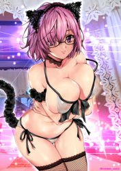 Rule 34 | 1girl, animal ears, bikini, black-framed eyewear, black thighhighs, breast hold, breasts, cat ears, cat tail, choker, cleavage, closed mouth, commentary request, covered erect nipples, doily, fake animal ears, fake tail, fate/grand order, fate (series), fishnet thighhighs, fishnets, front-tie bikini top, front-tie top, glasses, highres, lace, lace choker, large breasts, leaning forward, looking at viewer, maid, maid bikini, maid headdress, mash kyrielight, navel, oyaman, purple eyes, purple hair, short hair, side-tie bikini bottom, smile, solo, standing, swimsuit, tail, thigh gap, thighhighs, unconventional maid, white bikini