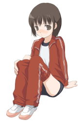 Rule 34 | 1girl, brown eyes, brown hair, buruma, clothes pull, double vertical stripe, gym uniform, jacket, natori (natorism), open clothes, open jacket, original, pants, pants pull, pulled by self, short hair, sitting, solo, track suit, undressing