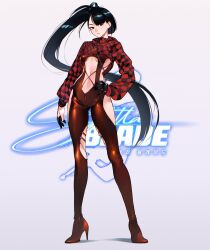 Rule 34 | 1girl, black gloves, black hair, blunt bangs, bodysuit, breasts, brown eyes, cesar art456, checkered clothes, closed mouth, clothing cutout, commentary, copyright name, cropped hoodie, english commentary, eve (stellar blade), full body, gloves, half gloves, hand on own hip, high heels, highres, hood, hoodie, long hair, long legs, long sleeves, looking at viewer, medium breasts, partially fingerless gloves, ponytail, racer&#039;s high (stellar blade), red bodysuit, red hoodie, solo, stellar blade, very long hair, white background