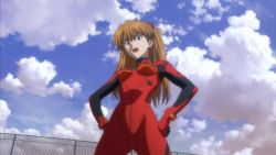 Rule 34 | 1girl, annoyed, blue eyes, blue sky, bodysuit, breasts, brown hair, cowboy shot, evangelion: 2.0 you can (not) advance, hair ornament, hands on own hips, highres, legs apart, long hair, looking to the side, medium breasts, neon genesis evangelion, open mouth, plugsuit, rebuild of evangelion, red bodysuit, screencap, shiny clothes, sky, solo, souryuu asuka langley, standing, thigh gap, tsundere, two side up, very long hair