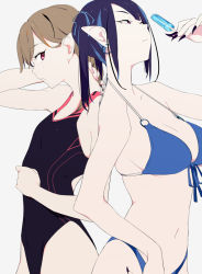 Rule 34 | 2girls, back-to-back, bare arms, bare shoulders, bikini, black nails, blue bikini, blue hair, breasts, brown hair, casual one-piece swimsuit, cleavage, comiket 94, commentary request, demon girl, earrings, fingernails, flat color, food, front-tie bikini top, front-tie top, half-closed eyes, hand on own neck, high contrast, highleg, highleg bikini, highleg swimsuit, holding, hoop earrings, jewelry, large breasts, long fingernails, long hair, multicolored hair, multiple girls, nail polish, navel, o-ring, o-ring top, one-piece swimsuit, original, pale skin, pink eyes, pink nails, pointy ears, popsicle, purple eyes, sharp fingernails, sideboob, simple background, small breasts, sohin, streaked hair, string bikini, swimsuit, white background