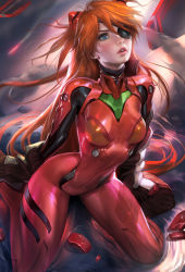 Rule 34 | 10s, 1girl, blue eyes, bodysuit, breasts, evangelion: 3.0 you can (not) redo, eyepatch, highres, lips, long hair, looking up, neon genesis evangelion, open mouth, orange hair, plugsuit, rebuild of evangelion, sakimichan, shiny clothes, sitting, small breasts, solo, souryuu asuka langley, wariza