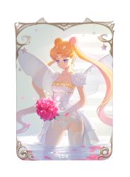 Rule 34 | 1girl, artist name, bishoujo senshi sailor moon, blonde hair, blue eyes, bouquet, breasts, cleavage, crescent, crescent facial mark, double bun, dress, facial mark, fake wings, flower, forehead mark, long hair, no pussy, panties, partially submerged, petals, princess serenity, rose, sdr1989, side-tie panties, solo, star (symbol), tsukino usagi, twintails, underwear, very long hair, white dress, wings