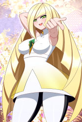 Rule 34 | 1girl, alternate breast size, arm behind head, beckoning, blonde hair, blush, breasts, covered erect nipples, creatures (company), dress, game freak, green eyes, hair over one eye, highres, impossible clothes, large breasts, long hair, looking at viewer, lusamine (pokemon), nintendo, open mouth, pokemon, pokemon sm, sleeveless, smile, solo, very long hair, white dress, yensh