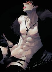 1boy abs adam&#039;s_apple belial_(granblue_fantasy) belial_(summer)_(granblue_fantasy) black_background black_hair bulge cow fur_trim granblue_fantasy groin hand_on_floor head_tilt highres jewelry leaning_back looking_at_viewer male_focus male_swimwear moge-hera muscular muscular_male navel necklace nipples pectoral_cleavage pectorals red_eyes ring short_hair signature single_bare_shoulder solo sunglasses tongue tongue_out veiny_crotch wet wet_hair