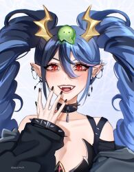 Rule 34 | 1girl, :&gt;, black nails, blue hair, bracelet, collar, commentary, commission, drill hair, ear piercing, earrings, flat chest, hair between eyes, highres, horns, jewelry, long hair, multiple earrings, original, piercing, pointy ears, red eyes, sakichka, signature, sleeves past wrists, slime (creature), slit pupils, solo, spiked bracelet, spiked collar, spikes, twin drills