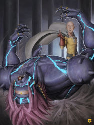 Rule 34 | 2boys, bald, cape, epic, fighting, gloves, highres, lord boros, multiple boys, one-eyed, one-punch man, realistic, saitama (one-punch man), standing, teeth