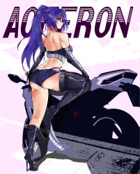 Rule 34 | 1girl, absurdres, acheron (honkai: star rail), alternate costume, alternate hairstyle, ass, asymmetrical footwear, bare back, bare shoulders, black footwear, black gloves, blue shorts, boots, breasts, butt crack, character name, commentary, elbow gloves, gloves, high heel boots, high heels, highres, honkai: star rail, honkai (series), long hair, looking at viewer, medium breasts, midriff, ponytail, purple eyes, purple hair, short shorts, shorts, solo, staz tempest, strapless, thighs, tube top, very long hair