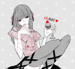 Rule 34 | 1boy, :o, alternate costume, awara kayu, blunt bangs, bow, commentary request, crossdressing, cupcake, feet out of frame, food, food on face, grey background, grey thighhighs, hand up, heart, knees up, large bow, long hair, looking at viewer, nail polish, red nails, sitting, skirt, solo, stitched face, stitches, striped, suzuya juuzou, thighhighs, tokyo ghoul, tokyo ghoul:re