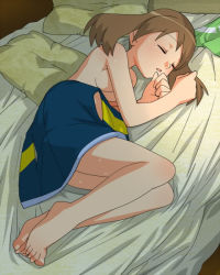 Rule 34 | 1girl, amada, barefoot, bed, bed sheet, breasts, brown hair, closed eyes, creatures (company), feet, female focus, full body, game freak, lying, may (pokemon), may (pokemon emerald), nintendo, open mouth, pillow, pokemon, pokemon emerald, pokemon rse, sleeping, solo, sweat, toes, topless, underboob