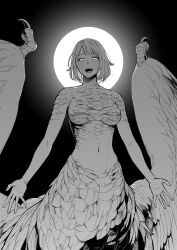 Rule 34 | 1girl, arms at sides, beckoning, bob cut, body fur, breasts, chimera, cowboy shot, dungeon meshi, falin touden, falin touden (chimera), feathered wings, full moon, glowing, glowing eyes, greyscale, highres, looking at viewer, mada tetsukazu, medium breasts, monochrome, monster girl, moon, navel, night, night sky, nude, open mouth, short hair, sky, solo, spoilers, swept bangs, taur, wings